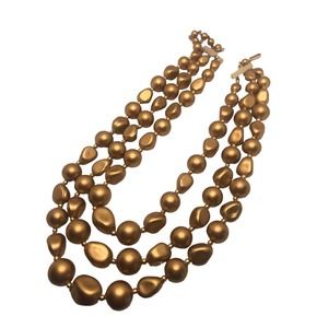 Vintage Gold Triple Strand Hong Kong Beaded Necklace